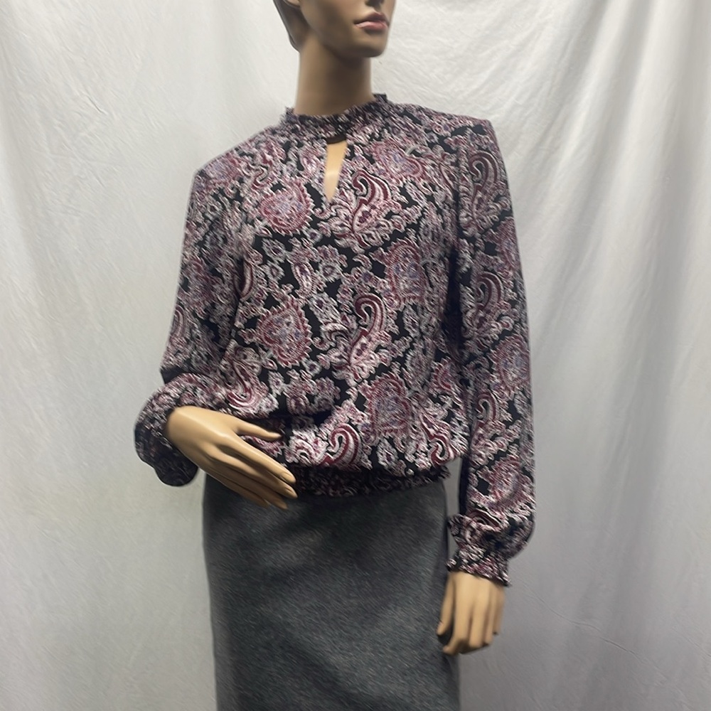 Michael Kors Womens Paisley Gathered Peep Hole Long Sleeve Blouse - Picture 2 of 9